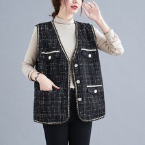 150kg 빅사이즈 바스트 148cm 여성 봄 가을 작은 향수 v 넥 체크 무늬 조끼