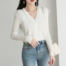 오버클래쓰 여성 브이넥 루즈핏 프릴 단색 기본 러블리 오피스룩