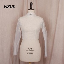 웨딩 숄 망토 케이프 우아한 재킷 긴 소매 수제 진주 랩 얇은 명주 그물 무도회 파티 볼레로 신부