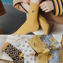 [4개1세트] 워더미 사계절 여성용 옐로우브라운 플라워 코튼 중목 양말 W667