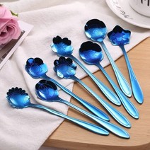 진스온 양식 커트러리 아이스크림 과일 꿀용 꽃 디저트 스푼 스테인레스 스틸 커피 금 작은 티스푼 창의적인 벚꽃 개, 5.8pcs Blue