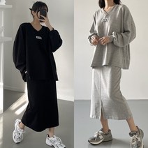 렛잇샤인 오버핏 트론 브이넥 티셔츠+트임 일자 롱스커트 상하의세트