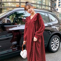 시크허니 빅사이즈 브이넥 프릴 땡땡이 롱 레드 봄 원피스