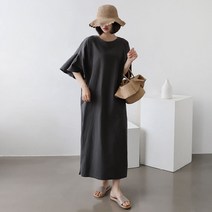 마더라이크 빅사이즈 소매프릴 롱원피스 린넨 면 반팔 여성의류
