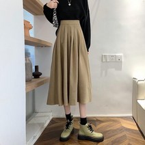 Lucyever 패션 높은 허리 Pleated 치마 여성 한국어 우아한 대학 스타일 미디 스커트 숙녀 가을 겨울 두꺼운 a 라인
