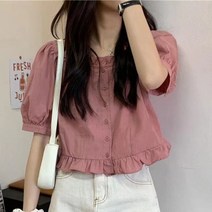 여자 프릴 반팔 셔츠 루즈핏 블라우스 경량 퍼프소매 티셔츠 숏자켓 여름 데일리