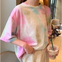 여자 나염 반팔티셔츠 그라데이션 타이다이 레인보우 무지개 형광 걸크러쉬 롱티셔츠 당일배송