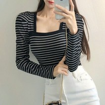 삐까삐까 슬림핏 스퀘어넥 퍼프 스트라이프 봄 티셔츠