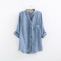 여성 브이넥 린넨 포켓 7부 셔츠