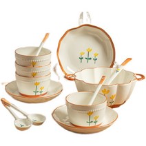 예쁜 밥그릇 반찬 접시 가정용 식기세트 귀엽고 상큼한 국그릇 앞접시 오븐 전자레인지사용가능, 13개세트(접시3개+국그릇+밥그릇4개+숟가락4개+국자)