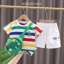 뽀뽀뽀 아동복 유아 상하복 공룡레인보우티 +반바지 +가방 3종세트 남아 아기 아동 키즈 캐주얼 여름 상하 세트