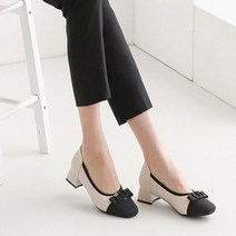 미미코코 / 소가죽 패브릭 리본 배색 여성 펌프스 구두 통굽 3cm