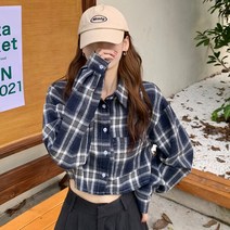 [블루레몬] 포켓 크롭 체크 셔츠 남방 루즈핏 숏남방 기모 간절기 가을 봄 미니남방 모직 네이비 블랙