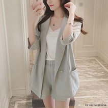 여성 투피스 정장 세트 여자 여름 린넨 자켓 반바지