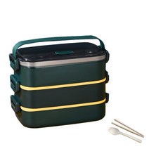 전자레인지 도시락 간편한 밀폐 용기 스테인리스 SUS304, 그린 3단+수저세트