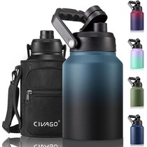 CIVAGO 1.9L(0.5갤런) 단열 물병 저그 1.9L(64온스) 스테인리스 스틸 스포츠 워터 플라스크 대형 금속 물통 그라울러 캐리어 백 및 핸들 포함 블랙, .Indigo Black_128 oz