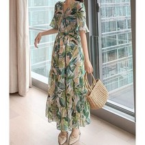 페미닌 나뭇잎패턴 브이넥랩스타일 쉬폰 롱 원피스