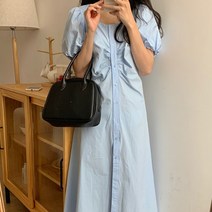 [랜덤플레이] 스퀘어 넥 주름 포인트 롱 원피스