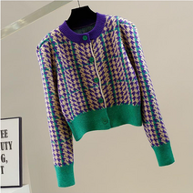 하운드 체크 배색 크롭 숏 가디건 여성