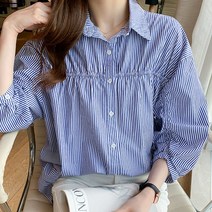 여성 블라우스 셔츠 스트라이프 하프 스타일리시 디자인 세로무늬 화이트 블루