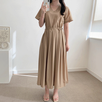 바스락 반팔 스트링 핀턱 주름 플리츠 포켓 롱 브이넥 플레어 원피스 6 color