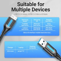 Vention 외장 하드 드라이브 케이블 마이크로 B 3.0 고속 충전 3A 5Gbps 데이터 삼성 호환 디스크 ssd용 Sa, 04 1.5m