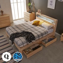 장인가구 순수 편백나무 LED수납헤드 평상형 침대 퀸 서랍형(본넬매트포함), 내츄럴