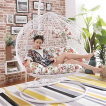 라탄 정원용 흔들의자 행잉 휴식 힐링 리조트 펜션, 화이트 싱글 파인 라탄 + 페달 특대형