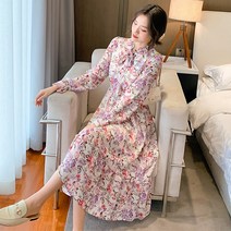 플라워 쉬폰 원피스 초여름 소프트스타일 긴 소매 나비 결 플리츠 이너 여성 4805592833