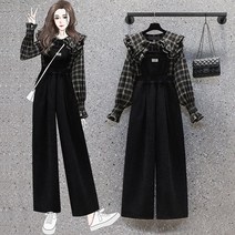 여성용 블라우스 멜빵 바지 상하세트 체크 셔츠 와이드팬츠 투피스 봄가을