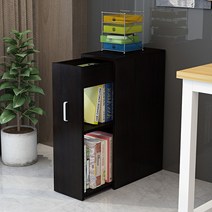 슬림 틈새 책꽂이 수납장 거실 소형 조립 원룸 책장 폭좁은 문달린 잡지꽂이, 블랙 호두