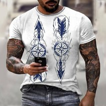 남성용 빈티지 나침반 티셔츠 3D 프린팅 티셔츠 반팔 오버사이즈 상의 패션 스트리트 하라주쿠 여름 의류