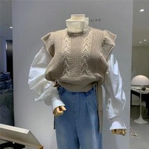 뜨개조끼 크롭니트조끼 니트베스트 동대문 가을 겨울 루즈한 라운드 펀칭 벨트 허리 소매