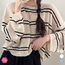 시크힐즈 줄무늬 루즈핏 크롭 니트 티셔츠 00188