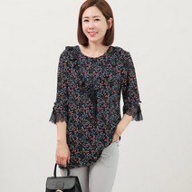 백합사 엄마옷 라운드 Y넥 프릴 잔꽃 블라우스 여름 블라우스 [SBNB-04] 꽃무늬 나시티셔츠 중년의류 미시의류