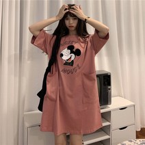 2022여성의 여름 느슨한 미디어와 긴 미키 짧은 소매 셔츠 원피스