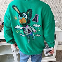 플라잉 토끼 프린팅 오버핏 박시 초록색 맨투맨 목안늘어나는티