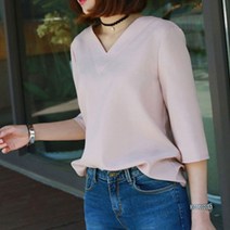 브이와이 여자 브이넥 7부소매 슬림핏 우븐 무지남방 흰색 셔츠