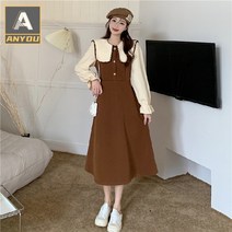 ANYOU 결혼식하객룩 가을과 겨울 부드러운 코듀로이 패치 워크 대비 드레스 네이비 칼라 세련된 드레스 니트원피스