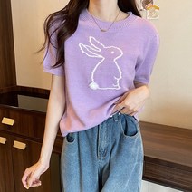 2022년 여름 보라색 토끼 자카드 반팔 스웨터 여성용 풀오버 탑