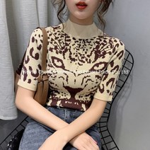 Ogfaour해외직구 여성스웨터 니트폴라 반팔표범 티셔츠SY7095