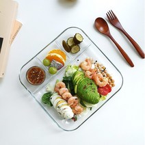 다인몰 내열 강화유리 나눔접시 그릇 2size 식판 칸칸접시 4절 유리접시 1인반찬 사각 구분접시 나눔접시대 식기세척기 오븐 렌지용 미니식판 분리 찬기 트레이 혼밥 혼술, M (9인치)