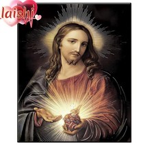 예수님사진 교회액자 기독교용품 종교 예술 예수 신성한 심장 다이아몬드 그림 크로스 자수, 라운드 100x130cm