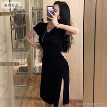 뉴타임즈 Jun.11 139번 여름 빅 사이즈 여성 하이웨이스트 옆트임 스커트 통통한 동생 브이넥 슬림 스트링 원피스녀Z