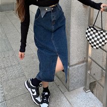 [춘게엘] (당일발송) 삼각라벨 디자인 하이 A라인 일자 데님 스커트 xian033