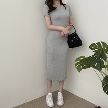 VANANA2 국내제작 여성 슬림핏 글램 물결 골지 롱 원피스 반팔