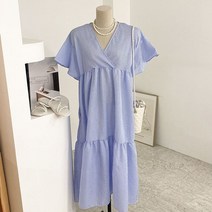 허니제이 / 블레이 체크 날개소매 지지미 반팔 롱 원피스