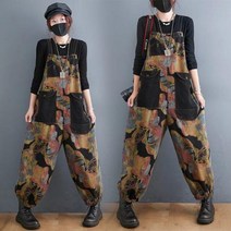 프린트 데님 오버올 와이드 레그 팬츠 캐주얼 바지 서스펜더 점프 슈트 청바지 여성용 빈티지 플라워 진 M982 신제품 가을 상품