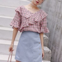 사선 프릴 화사한 러블리 체크 브이넥 5부 블라우스 매력 핑크 데이트코디