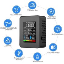 복합가스측정기 이산화탄소측정기 일산화탄소감지기 air quality monitor indoor co2 detector 5 in 1 formaldehyde hcho tvoc 온도, 검은색, 1개